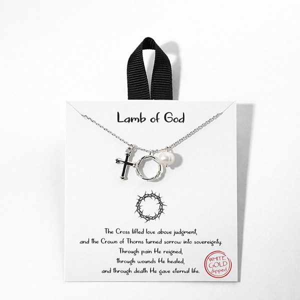 Dainty Chain Link Necklace Featuring Metal Tone Cross, Crown Of Thorns, & pearl Pendants 

- Approximately 16" L
- Extender 2" L
- Hypoallergenic Brass Base
- 18K Gold Dipped
- Card: "The Cross lifted love above judgment, and the Crown of Thorns turned sorrow into sovereignty. Through pain He reigned, through wounds He healed, and through death He gave eternal life."