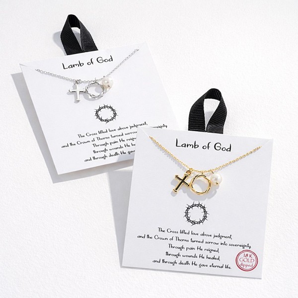 Dainty Chain Link Necklace Featuring Metal Tone Cross, Crown Of Thorns, & pearl Pendants 

- Approximately 16" L
- Extender 2" L
- Hypoallergenic Brass Base
- 18K Gold Dipped
- Card: "The Cross lifted love above judgment, and the Crown of Thorns turned sorrow into sovereignty. Through pain He reigned, through wounds He healed, and through death He gave eternal life."