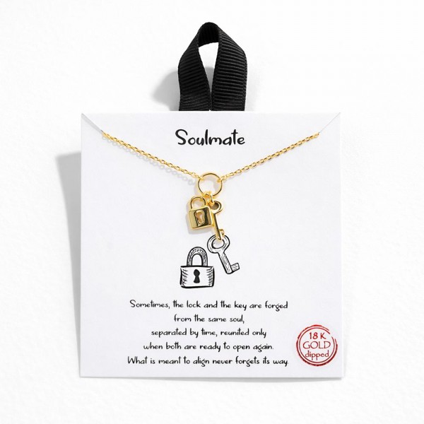 Dainty Chain Link Necklace Featuring Metal Tone Key & Lock Pendant 

- Gold Dipped
- Hypoallergenic Brass Base
- Approximately 16" L
- Extender 2" L
- Made in Korea
- Lead & Nickel Free

Card Reads : "Sometimes, the lock and the key are forged from the same soul, separated by time, reunited only when both are ready to open again. What is meant to align never forgets its way."

