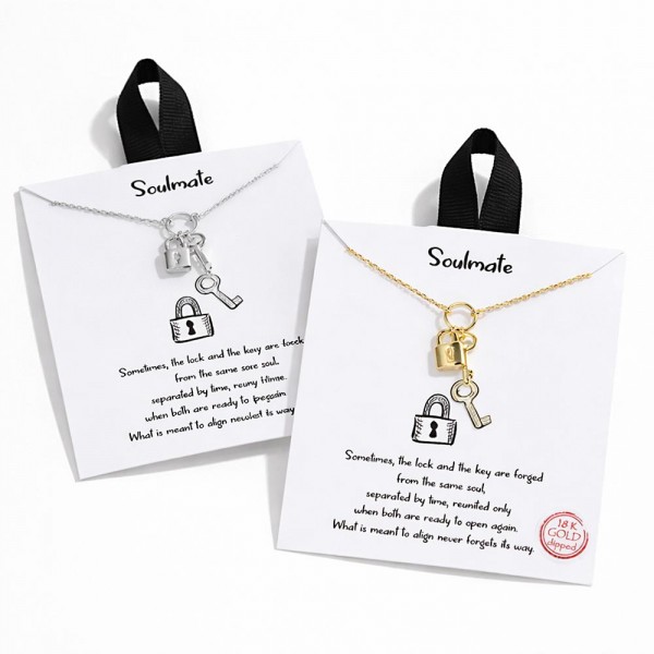 Dainty Chain Link Necklace Featuring Metal Tone Key & Lock Pendant 

- Gold Dipped
- Hypoallergenic Brass Base
- Approximately 16" L
- Extender 2" L
- Made in Korea
- Lead & Nickel Free

Card Reads : "Sometimes, the lock and the key are forged from the same soul, separated by time, reunited only when both are ready to open again. What is meant to align never forgets its way."

