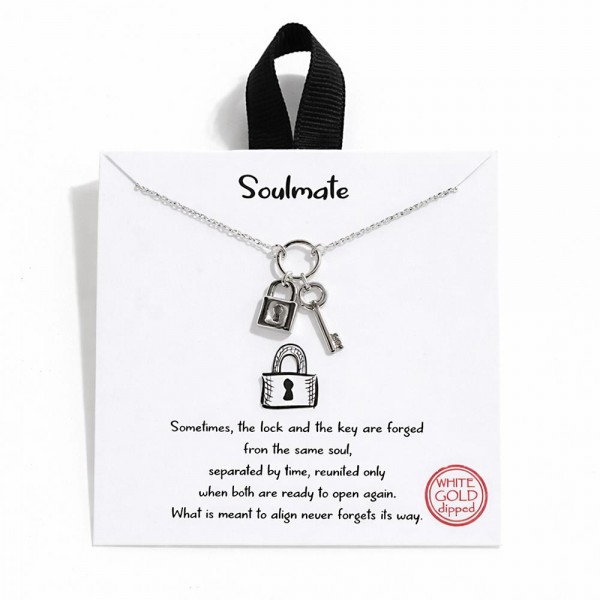 Dainty Chain Link Necklace Featuring Metal Tone Key & Lock Pendant 

- Gold Dipped
- Hypoallergenic Brass Base
- Approximately 16" L
- Extender 2" L
- Made in Korea
- Lead & Nickel Free

Card Reads : "Sometimes, the lock and the key are forged from the same soul, separated by time, reunited only when both are ready to open again. What is meant to align never forgets its way."

