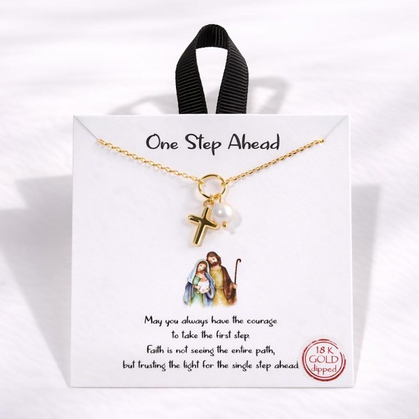 Dainty Chain Link Necklace Featuring Metal Tone Cross & Pearl Pendant 

- Gold Dipped
- Hypoallergenic Brass Base
- Approximately 16" L
- Extender 2" L
- Made in Korea
- Lead & Nickel Free

Card Reads : "May you always have the courage to take the first step. Faith is not seeing the entire path, but trusting the light for the single step ahead."

