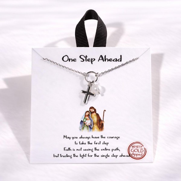 Dainty Chain Link Necklace Featuring Metal Tone Cross & Pearl Pendant 

- Gold Dipped
- Hypoallergenic Brass Base
- Approximately 16" L
- Extender 2" L
- Made in Korea
- Lead & Nickel Free

Card Reads : "May you always have the courage to take the first step. Faith is not seeing the entire path, but trusting the light for the single step ahead."

