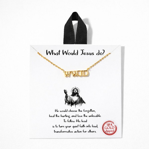 Dainty Chain Link Necklace Featuring Metal Tone "WWJD" Pendant 

- Gold Dipped
- Hypoallergenic Brass Base
- Approximately 16" L
- Extender 2" L
- Made in Korea
- Lead & Nickel Free

Card Reads : "He would choose the forgotten, heal the hurting, and love the unlovable. To follow His lead is to turn your quiet faith into loud, transformative action for others."

