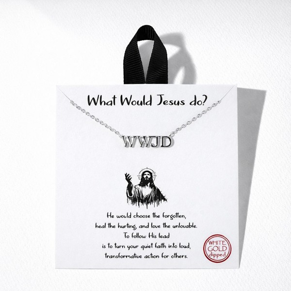 Dainty Chain Link Necklace Featuring Metal Tone "WWJD" Pendant 

- Gold Dipped
- Hypoallergenic Brass Base
- Approximately 16" L
- Extender 2" L
- Made in Korea
- Lead & Nickel Free

Card Reads : "He would choose the forgotten, heal the hurting, and love the unlovable. To follow His lead is to turn your quiet faith into loud, transformative action for others."

