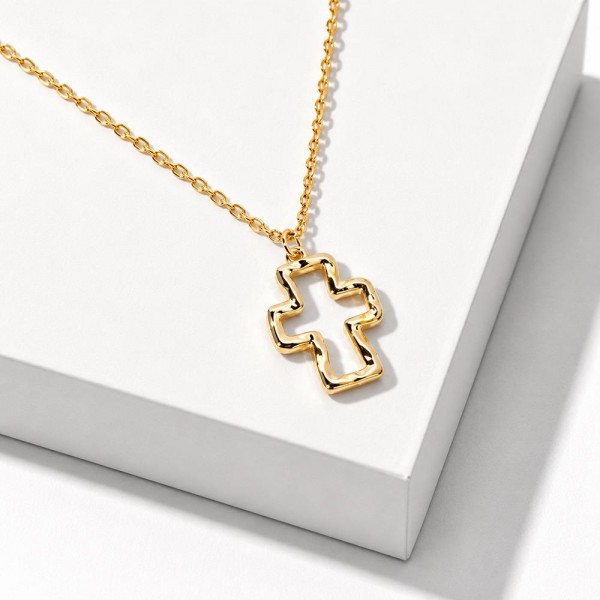 Open Cross Pendant Necklace with a hammered, organic outline that feels modern and meaningful. The gold dipped pendant hangs on a dainty cable chain and arrives on a Stillness Above All message card with a short verse about faith and peace. A lovely gift for baptisms, confirmations, Mother's Day, Easter, and everyday faith. Carded cross necklaces are a proven boutique seller and an easy grab and go gift at the register.