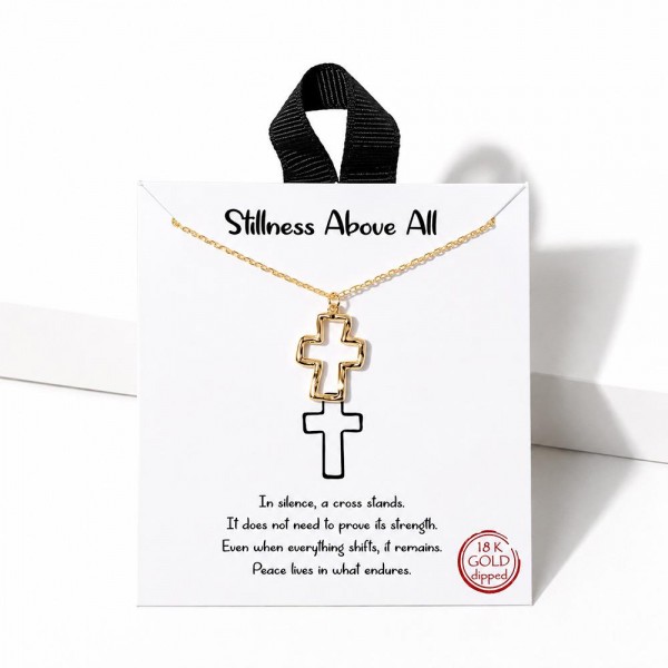 Open Cross Pendant Necklace with a hammered, organic outline that feels modern and meaningful. The gold dipped pendant hangs on a dainty cable chain and arrives on a Stillness Above All message card with a short verse about faith and peace. A lovely gift for baptisms, confirmations, Mother's Day, Easter, and everyday faith. Carded cross necklaces are a proven boutique seller and an easy grab and go gift at the register.