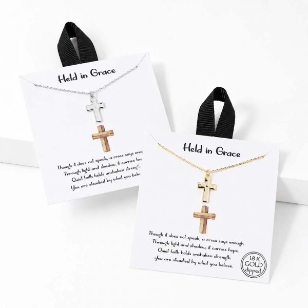 Dainty Chain Link Necklace Featuring Hammered Metal Cross Pendant 

- Approximately 16" L
- Extender 2" L
- Hypoallergenic Brass Base
- 18K Gold Dipped
- Card: "Though it does not speak, a cross says enough. Through light and shadow, it carries hope. Quiet faith holds unshaken strength. You are steadied by what you believe."