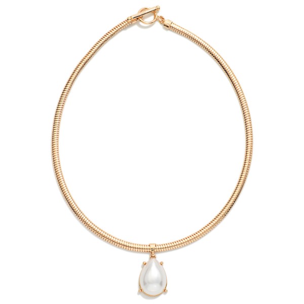 Metal Tone Flat Coil Necklace With Pearl Teardrop Pendant 

- Approximately 16" L
- Extender 3" L
