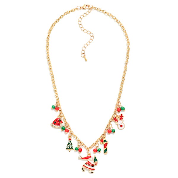 Holiday charm necklace strung with enamel candy cane, tree, and stocking charms along a chain link strand with an adjustable closure. The charms carry enough weight and shine to read across a room, which makes this an easy statement piece for parties, classroom days, and photo sessions. It also layers well over a simple pendant the customer already owns. Seasonal charm necklaces sell through quickly once holiday displays go up.