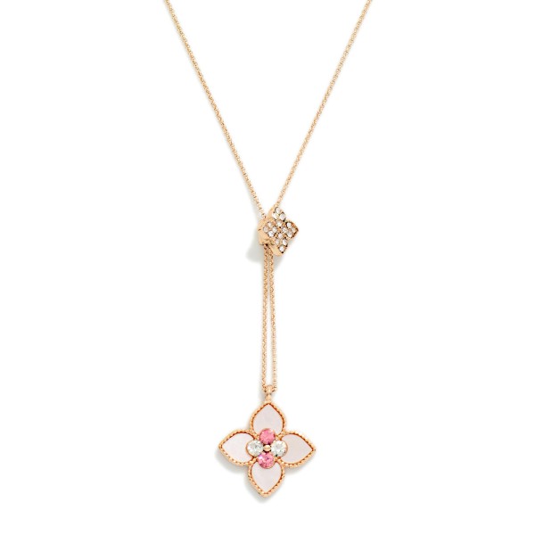 Dainty Chain Link Necklace Featuring Pearlescent & Rhinestone Clover Pendant

- Approximately 16" L
- Extender 3" L