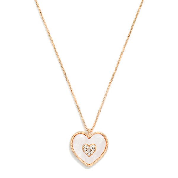 Dainty Chain Link Necklace Featuring Rhinestone & Pearlescent Pearl Heart Pendant 

- Approximately 16" L
- Extender 3" L