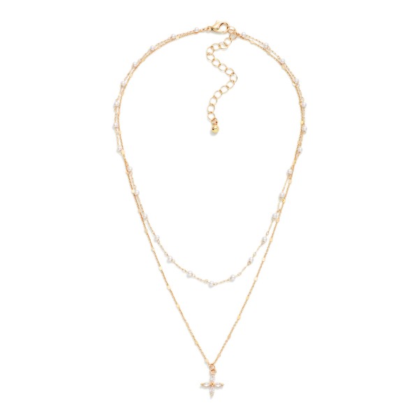 Layered Chain Link Necklace Featuring Pearl Stations & Cubic Zirconia Plus Cross Pendant 

- Approximately 14" L
- Extender 3" L