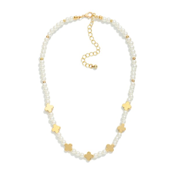 Pearl Beaded Necklace Featuring Metal Tone Plus Cross Stations 

- Approximately 14" L
- Extedner 3" L