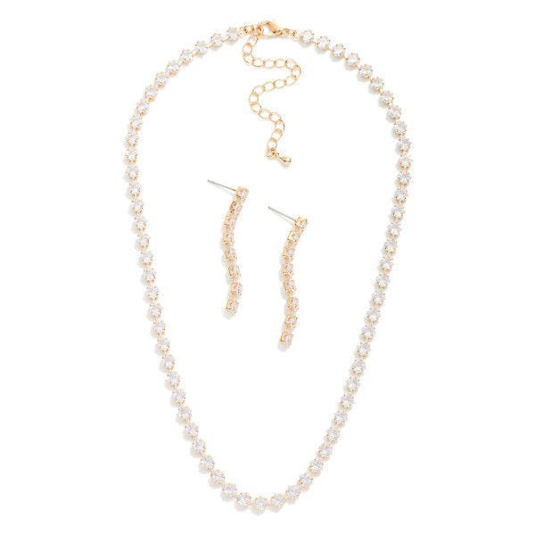 Cubic Zirconia Long Earring & Necklace Set 

- Earrings 2" L
- Necklace 14" L
- Extender 3" L
