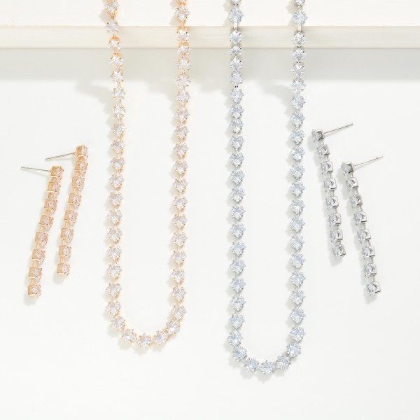 Cubic Zirconia Long Earring & Necklace Set 

- Earrings 2" L
- Necklace 14" L
- Extender 3" L