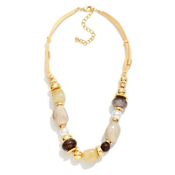 Marbled Acetate, Pearl, & Metal Tone Bead Beaded Necklace 

- Approximately 16" L
- Extender 3" L