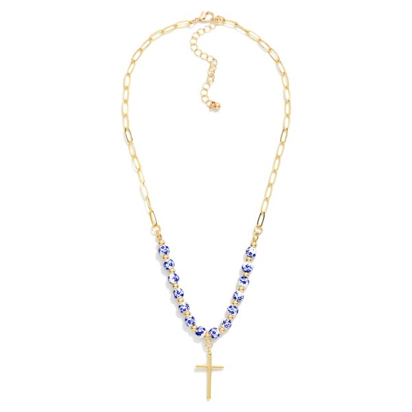  Chinoiserie Bead Beaded Chain Link Necklace Featuring Metal Tone Cross Pendant 

- Approximately 16" L
- Extender 3" L