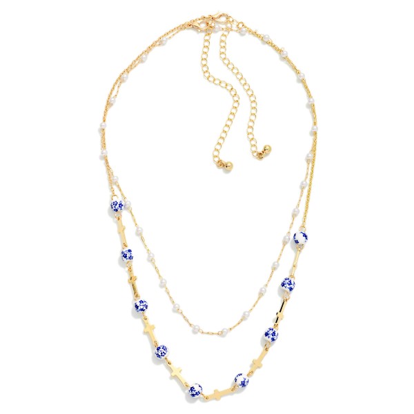Layered Chain Link Necklace Featuring Pearls, Metal Tone East West Crosses, & Chinoiserie Bead Stations 

- Approximately 14" L
- Extender 3" L