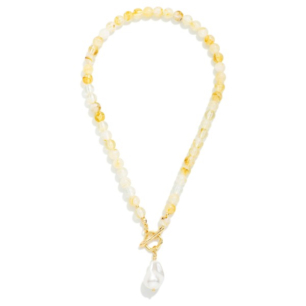 Marbled Acetate Beaded Necklace Featuring Baroque Pearl & Toggle Clasp Pendant 

- Approximately 14" L