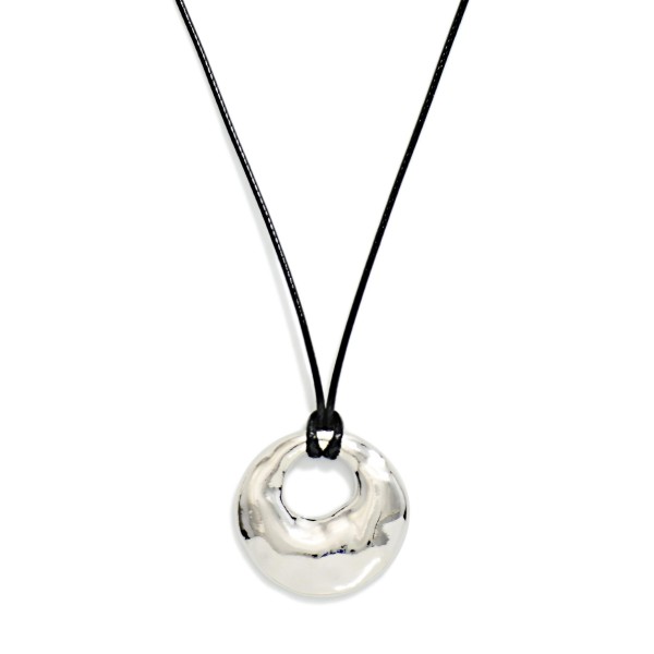 Waxed Cord Necklace Featuring Metal Tone Tapered Hoop Pendant 

- Approximately 16" L
- Extender 3" L