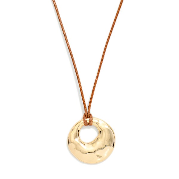 Waxed Cord Necklace Featuring Metal Tone Tapered Hoop Pendant 

- Approximately 16" L
- Extender 3" L