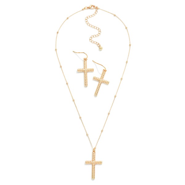 Chain Link Necklace Featuring Metal Tone Ball Stations With Twisted Metal Cross Pendant

- Twisted Metal Cross Drop Earrings Included 
- Approximately 16" L
- Extender 3" L