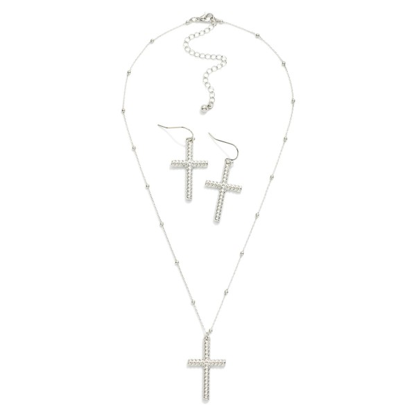 Chain Link Necklace Featuring Metal Tone Ball Stations With Twisted Metal Cross Pendant

- Twisted Metal Cross Drop Earrings Included 
- Approximately 16" L
- Extender 3" L
