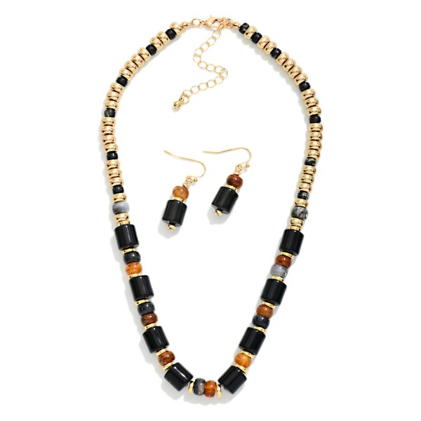 Marbled Acetate Cylinder & Metal Tone Bead Beaded Necklace & Earrings Set 

- Earrings Approximately 1.25" L
- Necklace Approximately 14" L

