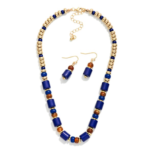 Marbled Acetate Cylinder & Metal Tone Bead Beaded Necklace & Earrings Set 

- Earrings Approximately 1.25" L
- Necklace Approximately 14" L

