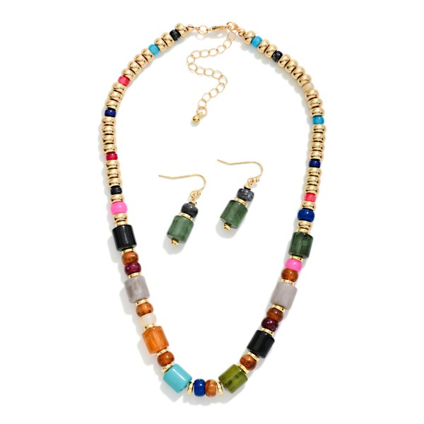Marbled Acetate Cylinder & Metal Tone Bead Beaded Necklace & Earrings Set 

- Earrings Approximately 1.25" L
- Necklace Approximately 14" L

