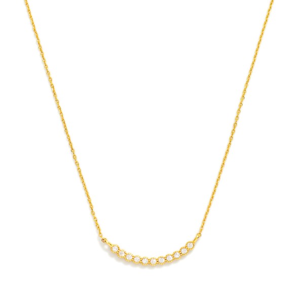 Dainty Chain Link Necklace Featuring Cubic Zirconia Curved Bar Pendant

- Gold Dipped
- Approximately 15.5" L
- Extender 2" L