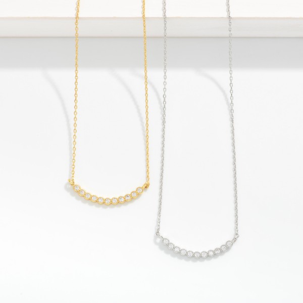 Dainty Chain Link Necklace Featuring Cubic Zirconia Curved Bar Pendant

- Gold Dipped
- Approximately 15.5" L
- Extender 2" L