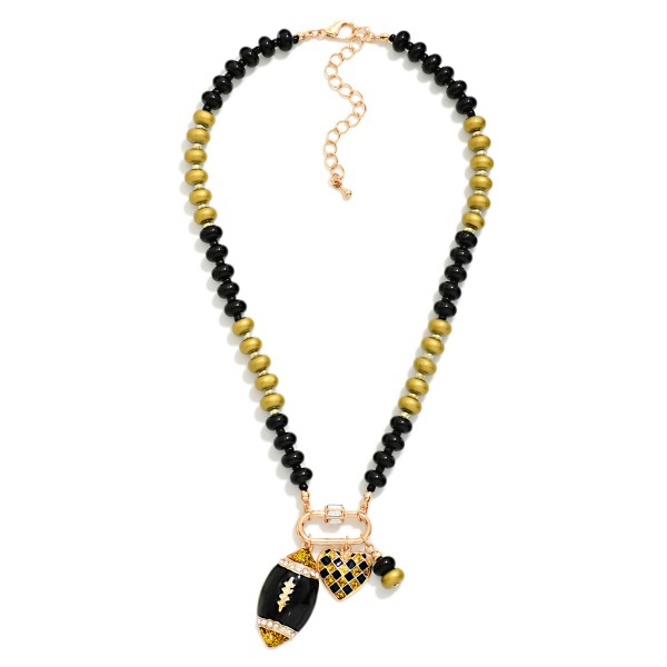 Game Day Beaded Necklace Featuring Enamel Checkered Heart & Football Pendant 

- Approximately 14" L
- Extender 3" L