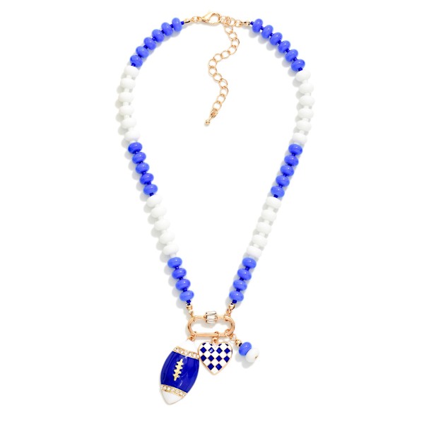 Game Day Beaded Necklace Featuring Enamel Checkered Heart & Football Pendant 

- Approximately 14" L
- Extender 3" L