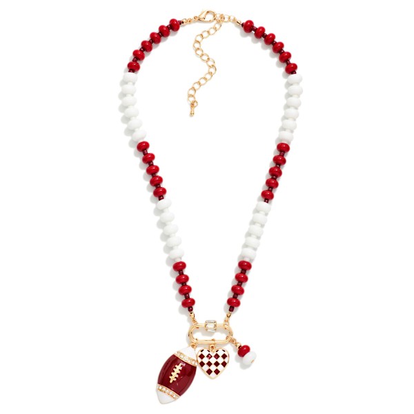 Game Day Beaded Necklace Featuring Enamel Checkered Heart & Football Pendant 

- Approximately 14" L
- Extender 3" L