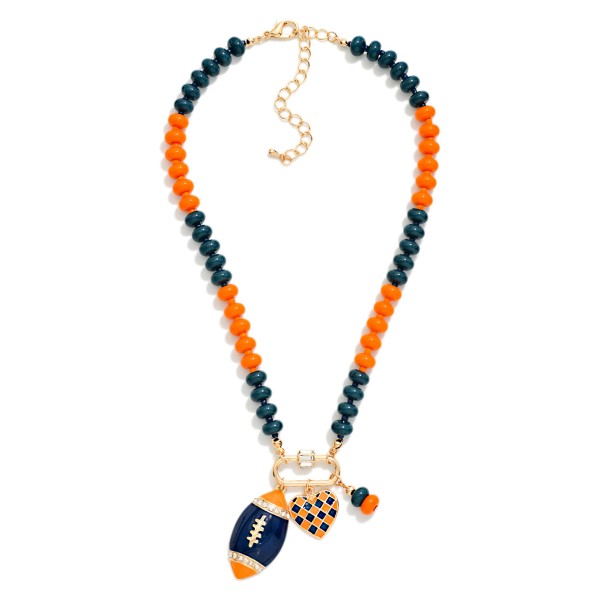 Game Day Beaded Necklace Featuring Enamel Checkered Heart & Football Pendant 

- Approximately 14" L
- Extender 3" L