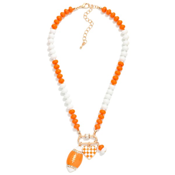 Game Day Beaded Necklace Featuring Enamel Checkered Heart & Football Pendant 

- Approximately 14" L
- Extender 3" L
