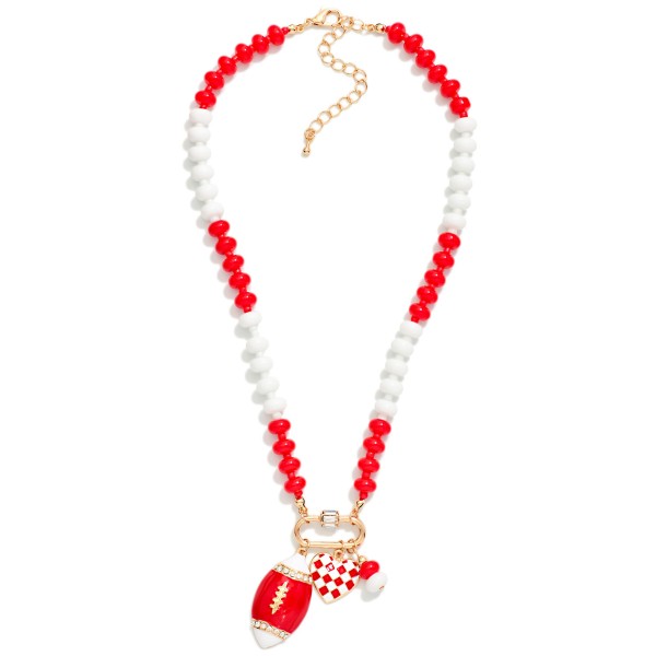 Game Day Beaded Necklace Featuring Enamel Checkered Heart & Football Pendant 

- Approximately 14" L
- Extender 3" L