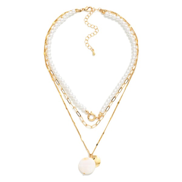 Layered Chain Link & Pearl Beaded Necklace Featuring Pearlescent Pendant 

- Approximately 16" L
- Extender 2" L
