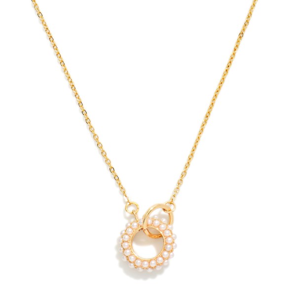 Chain Link Necklace Featuring Pave Pearl Hoop Pendant 

- Approximately 14" L
- Extender 2" L