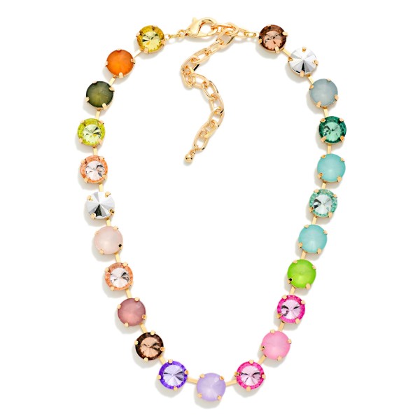 Soft Multi Stone Crystal Cup Chain Necklace lined with round faceted glass crystals in polished prong settings for a pretty, playful sparkle. The delicate mixed stone design works on its own or layered with dainty chains. A lobster clasp and extender chain allow an easy, adjustable fit. Sweet crystal necklaces like this are a popular gift and sell well through the holidays and into spring.