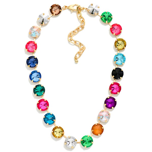 Multi Stone Crystal Cup Chain Necklace lined with round faceted glass crystals in polished prong settings for bold, playful sparkle. The mixed stone design works as a fun statement on its own or layered with simple chains. A lobster clasp and extender chain allow an easy, adjustable fit. Cheerful crystal necklaces like this are a strong gifting item and sell well through the holidays and into spring.