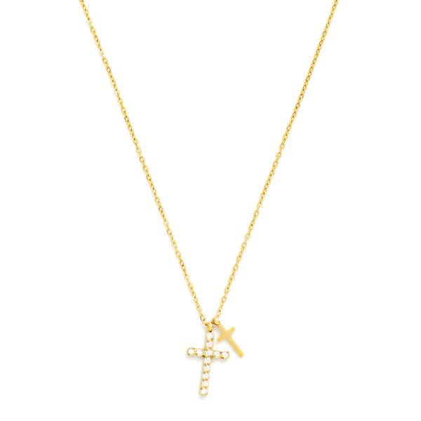 Chain Link Necklace Featuring Rhinestone & Metal Tone Cross Pendants

- Stainless Steel 
- Water Resistant 
- Approximately 16" L
- Extender 2" L