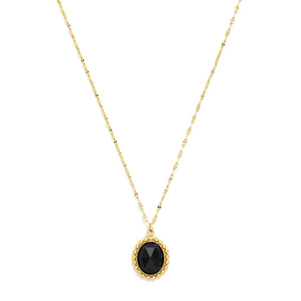 Dainty Lip Chain Necklace Featuring Faceted Acetate Oval Pendant With Metal Tone Studded Border 

- Stainless Steel 
- Water Resistant 
- Approximately 15.5" L
- Extender 2" L 