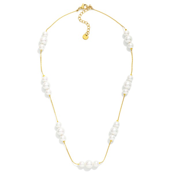 Snake Chain Necklace Featuring Pearl Cluster Stations 

- Stainless Steel 
- Water Resistant 
- Approximately 14" L
- Extender 2" L