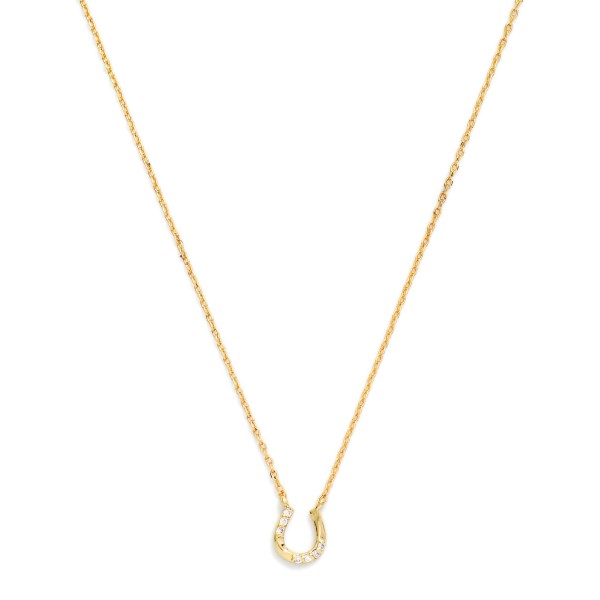 Pave Horseshoe Pendant Necklace featuring a petite lucky horseshoe lined with sparkling cubic zirconia stones on a fine, dainty chain. The upturned horseshoe is a classic symbol of good luck, giving this everyday piece a meaningful story shoppers love to share. Perfect for western boutiques, rodeo season, graduations, and good luck gifts. Simple, sparkly, and easy to layer, horseshoe pendants are a steady seller year round.