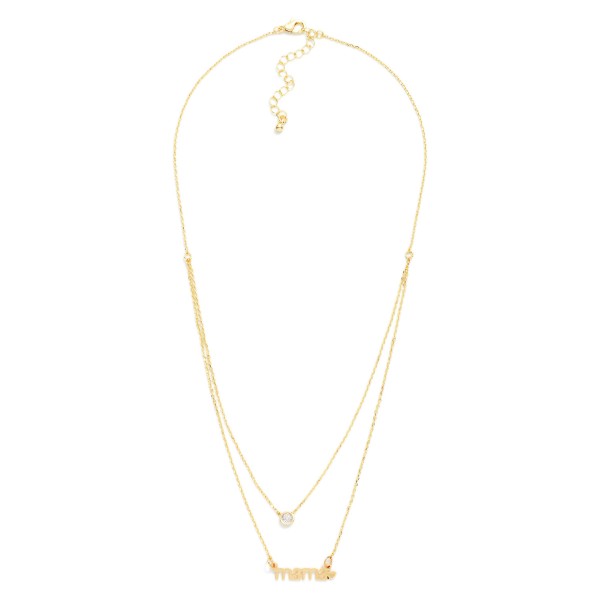 Layered Mama Script Necklace with two delicate strands: a bezel set cubic zirconia solitaire on the upper chain and a sweet script mama nameplate on the lower chain. The pre layered design gives a curated, stacked look in one easy clasp, with an adjustable extender for the perfect fit. A heartfelt gift for new moms, baby showers, birthdays, and Mother's Day. Mom themed jewelry is a proven year round seller and an easy add on near the register.