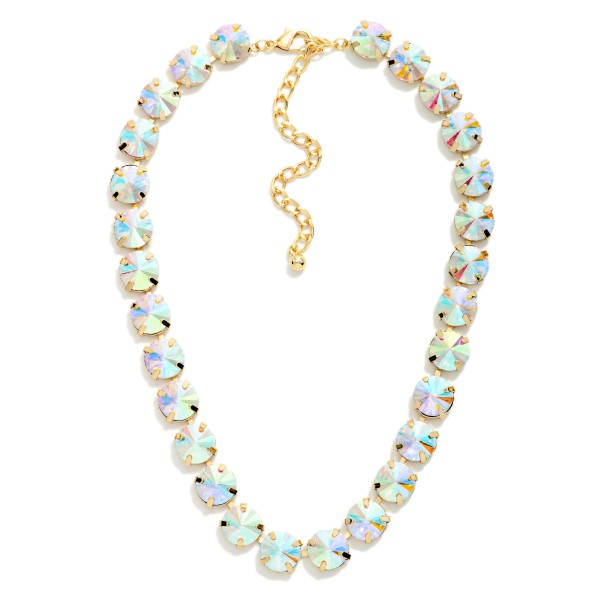 Crystal Cup Chain Necklace lined with large round glass crystals in polished prong settings for bold, glamorous sparkle. The uniform stone design looks elegant on its own and layers beautifully with pendants and fine chains. A lobster clasp and extender chain allow an easy, adjustable fit. Crystal statement necklaces are a holiday essential and sell quickly for events, gifting, and New Year's celebrations.