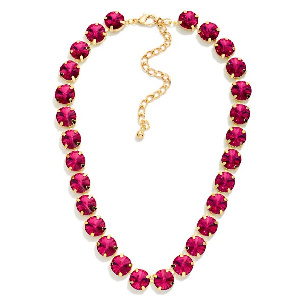 Crystal Cup Chain Necklace lined with large round glass crystals in polished prong settings for bold, glamorous sparkle. The uniform stone design looks elegant on its own and layers beautifully with pendants and fine chains. A lobster clasp and extender chain allow an easy, adjustable fit. Crystal statement necklaces are a holiday essential and sell quickly for events, gifting, and New Year's celebrations.